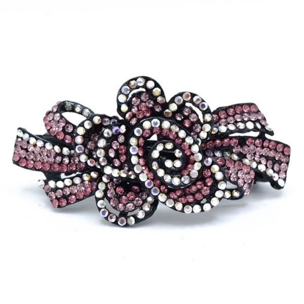 Beautiful Crystal Flower Pink and White Metal Barrette